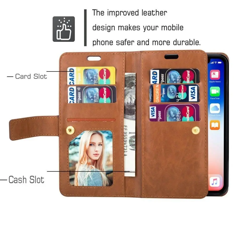 Magnetic Zipper Wallet Phone Purse Case with Straps for iPhone-Brown