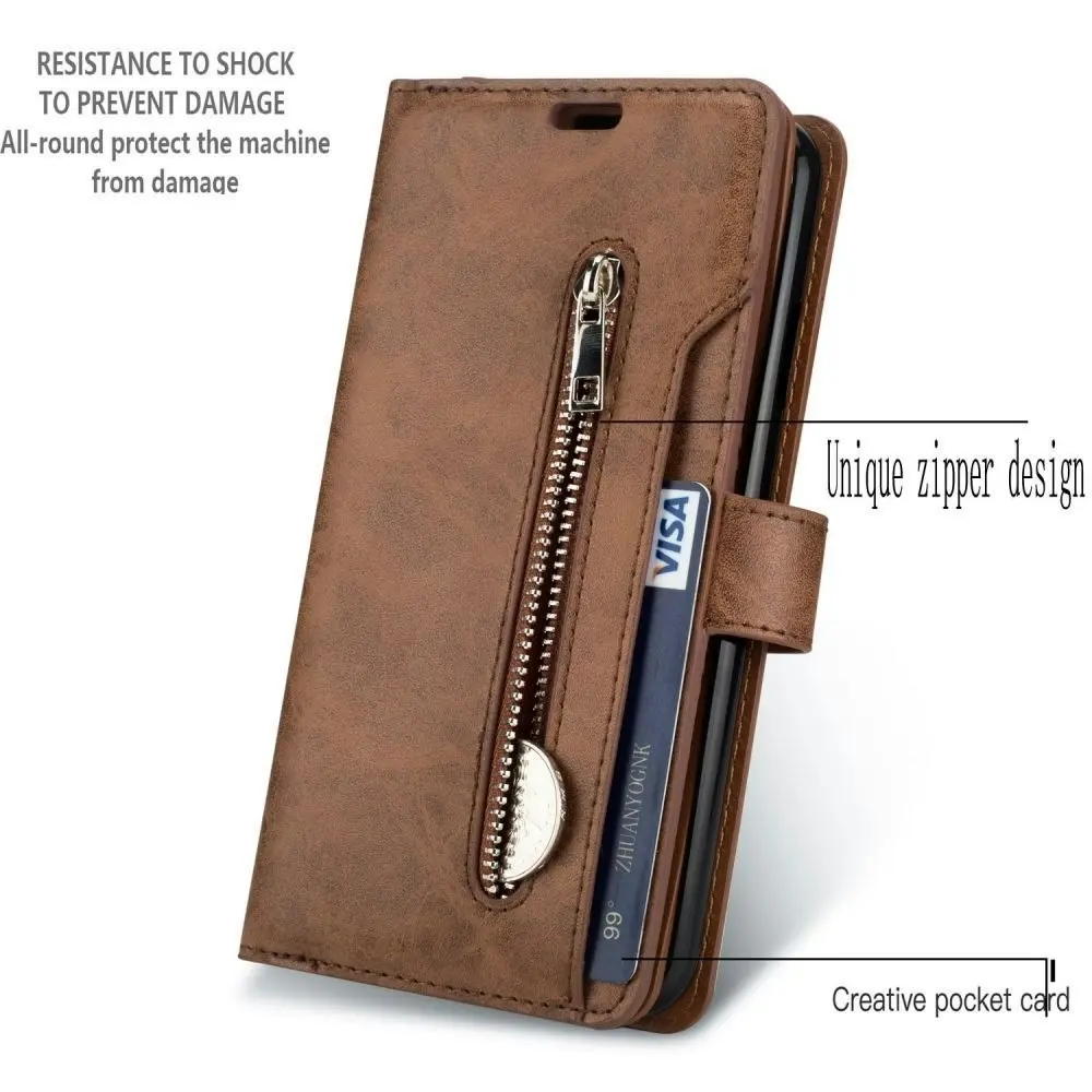 Magnetic Zipper Wallet Phone Purse Case with Straps for iPhone-Brown