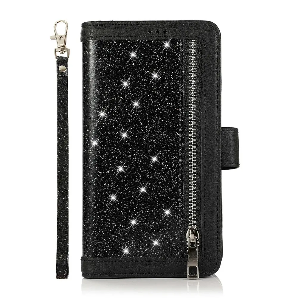 Zipper Pocket PU Leather Flip Wallet Case with 9 Card Slots for iPhone-Black