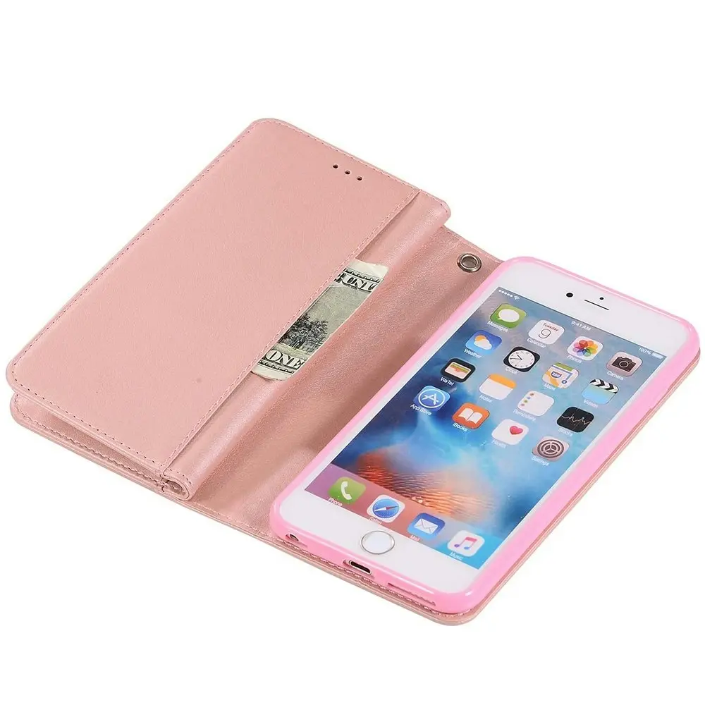 Zipper Pocket PU Leather Flip Wallet Case with 9 Card Slots for iPhone-Rose Gold