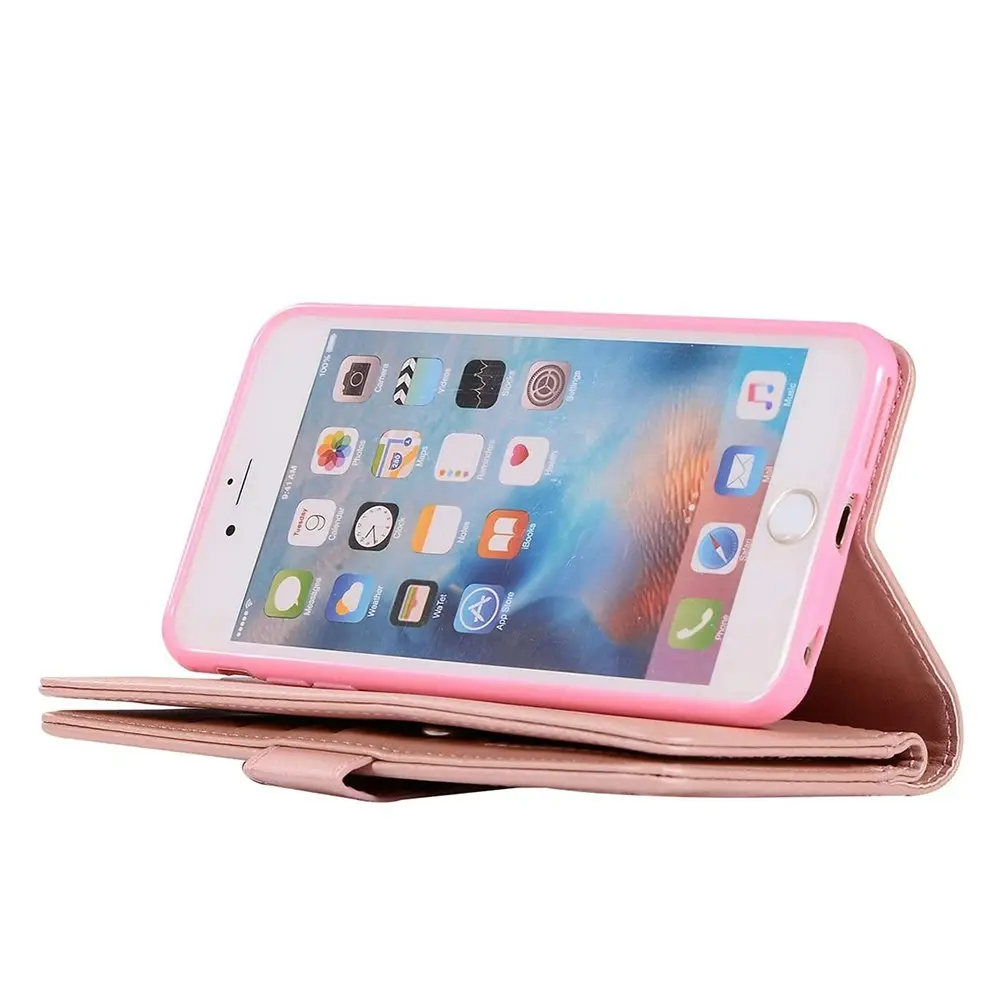 Zipper Pocket PU Leather Flip Wallet Case with 9 Card Slots for iPhone-Rose Gold