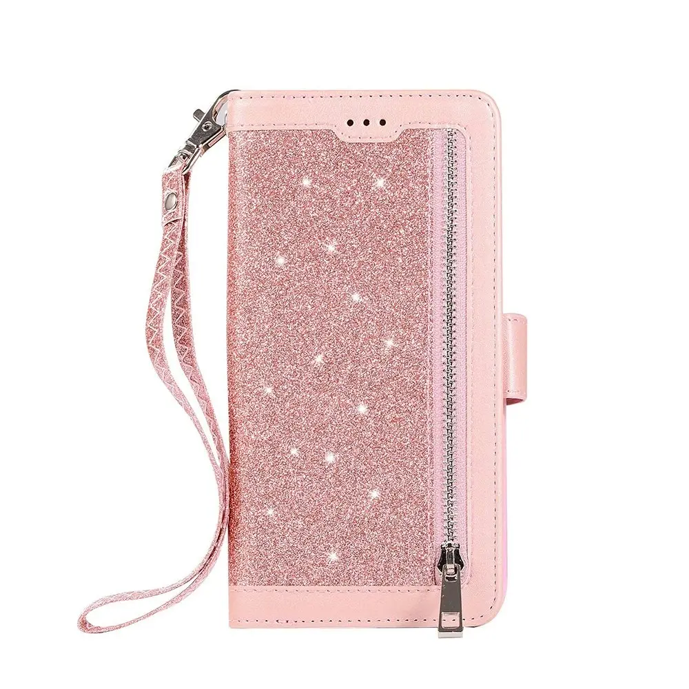 Zipper Pocket PU Leather Flip Wallet Case with 9 Card Slots for iPhone-Rose Gold