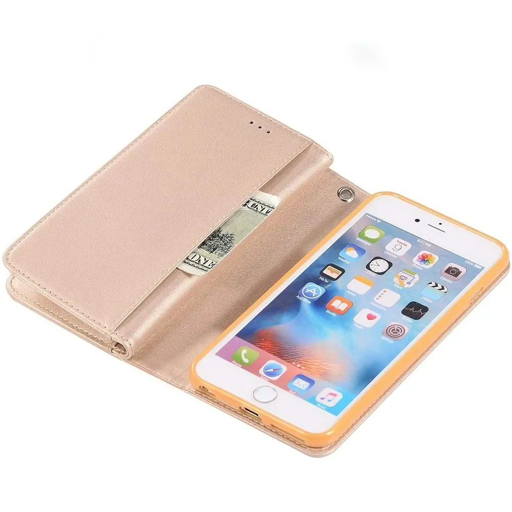 Zipper Pocket PU Leather Flip Wallet Case with 9 Card Slots for iPhone-Gold