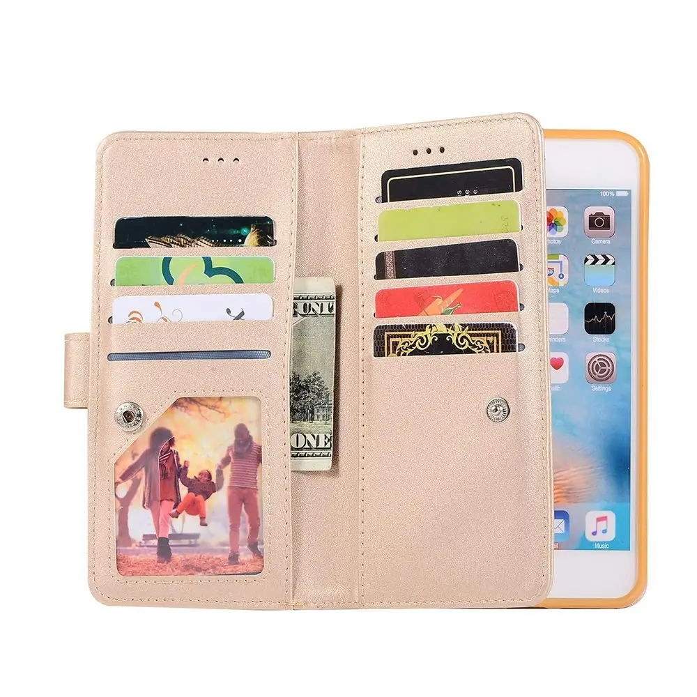 Zipper Pocket PU Leather Flip Wallet Case with 9 Card Slots for iPhone-Gold