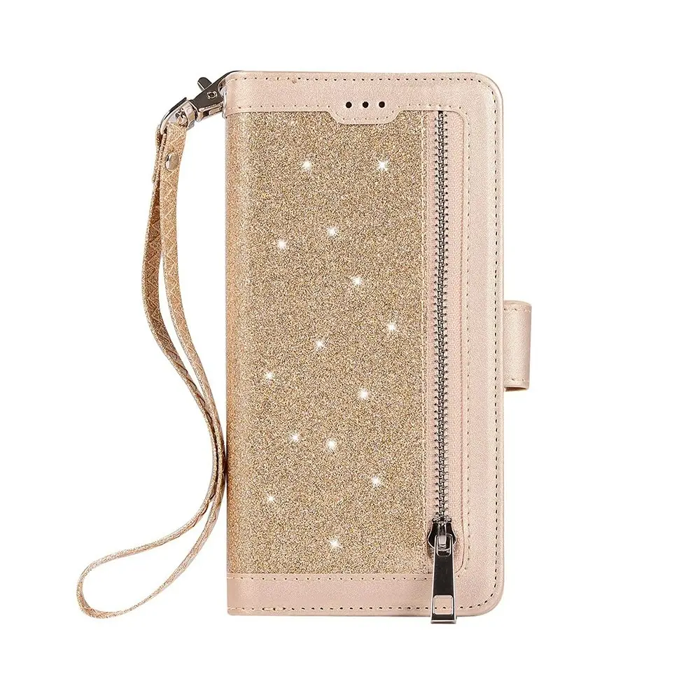 Zipper Pocket PU Leather Flip Wallet Case with 9 Card Slots for iPhone-Gold