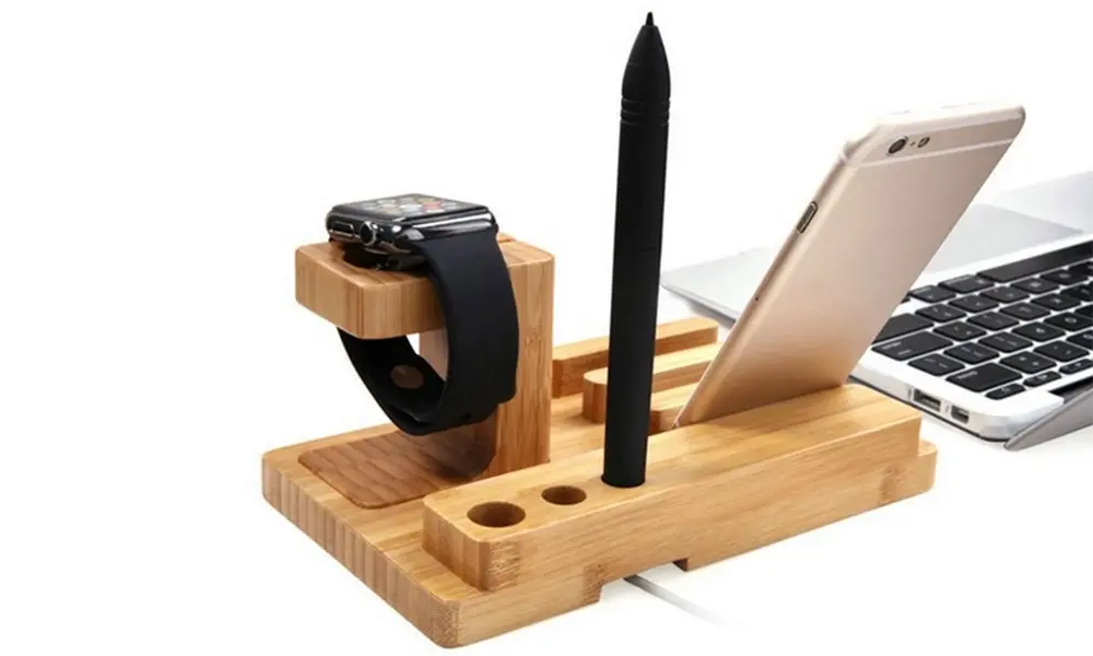 3 in 1 Bamboo Wood Charging Stand Cradle Holder for Apple Watch and iPhone