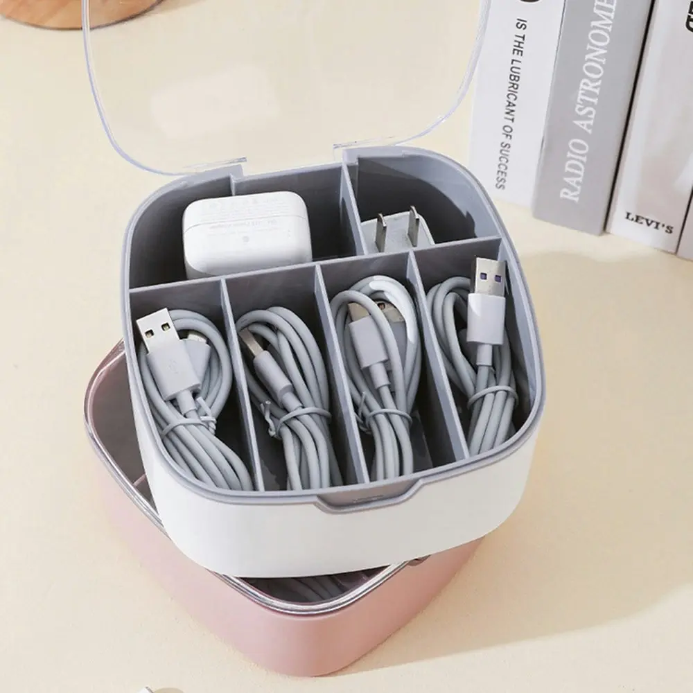 2Pcs Data Cable Storage Box Desktop Dustproof Storage Box-Gray&Pink