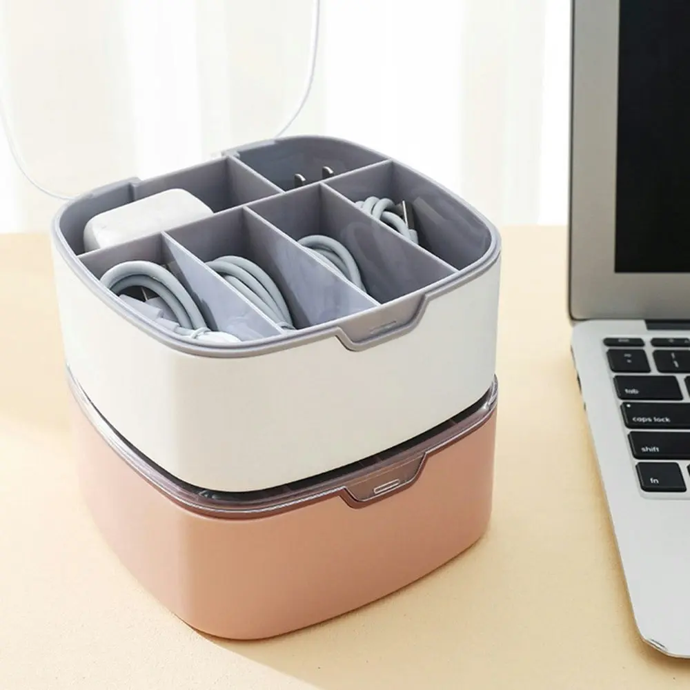 2Pcs Data Cable Storage Box Desktop Dustproof Storage Box-Gray&Pink