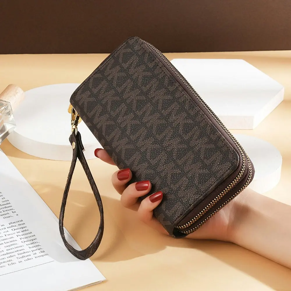 Double Zipper Women Wallet Card Holder PU Leather Phone Bag-Bronw