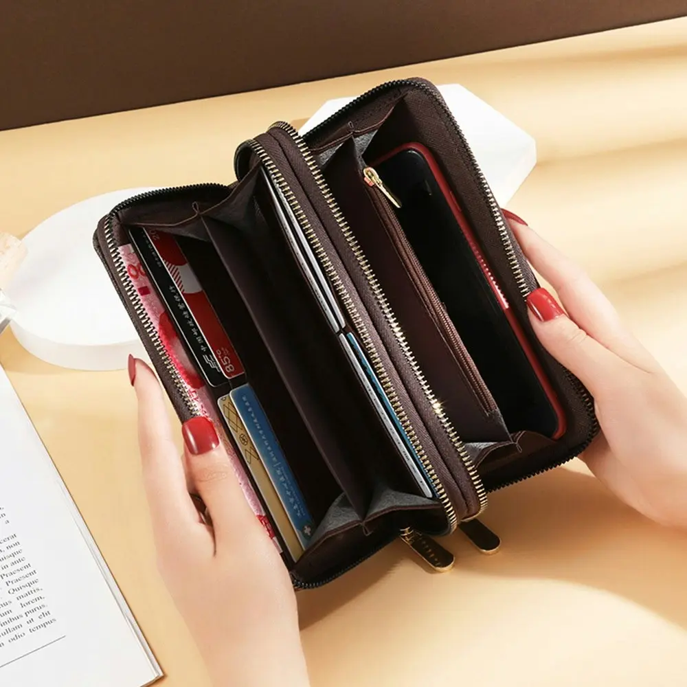 Double Zipper Women Wallet Card Holder PU Leather Phone Bag-Bronw