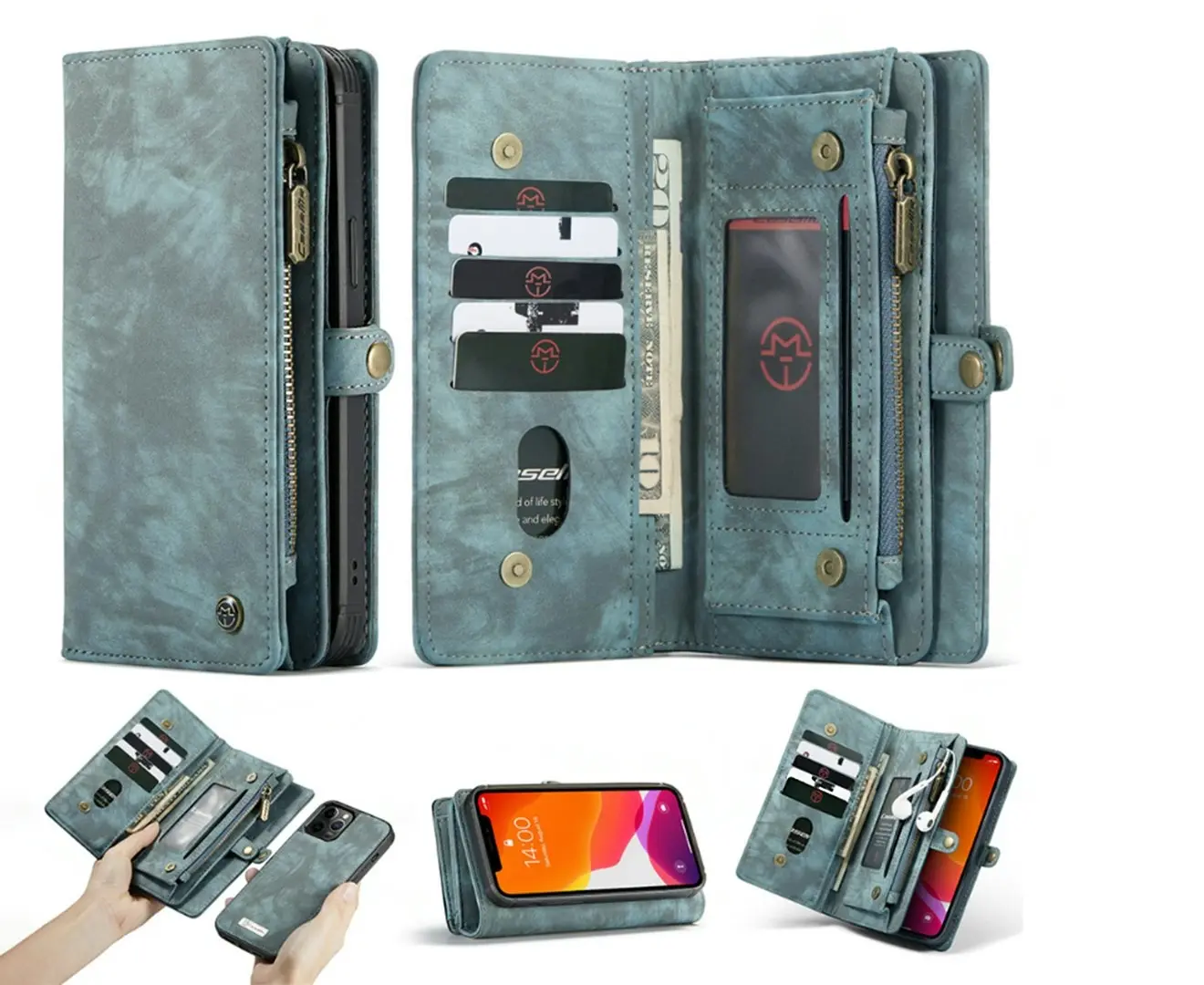 2 in 1 detachable leather zipper wallet case for iphone