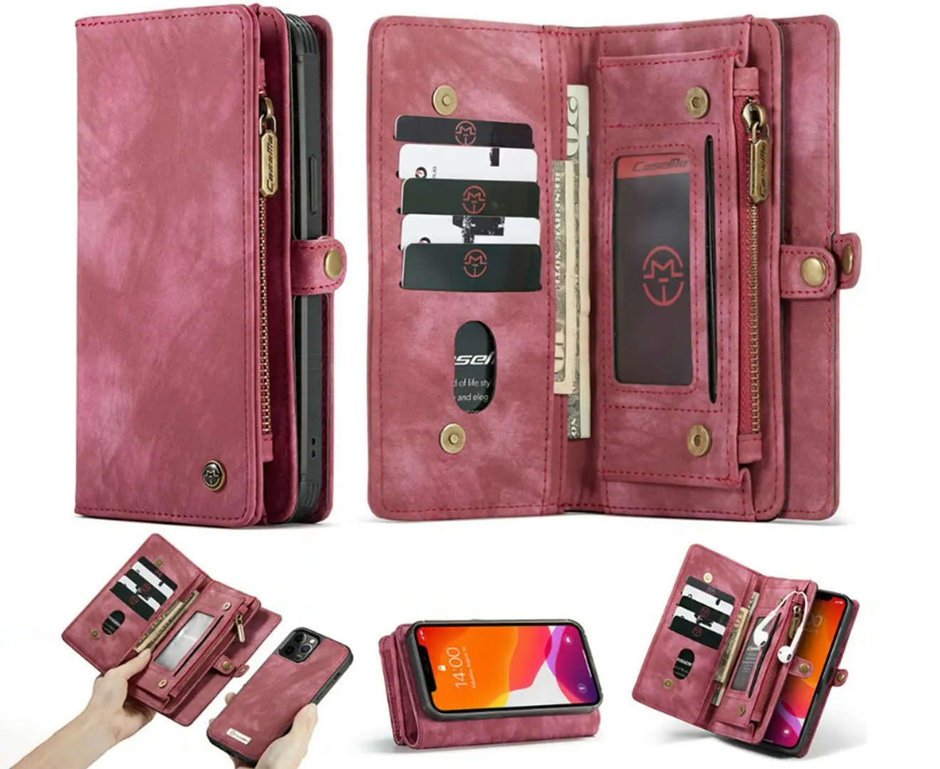 2 in 1 detachable leather zipper wallet case for iphone