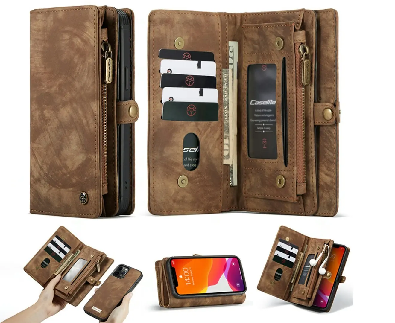 2 in 1 detachable leather zipper wallet case for iphone