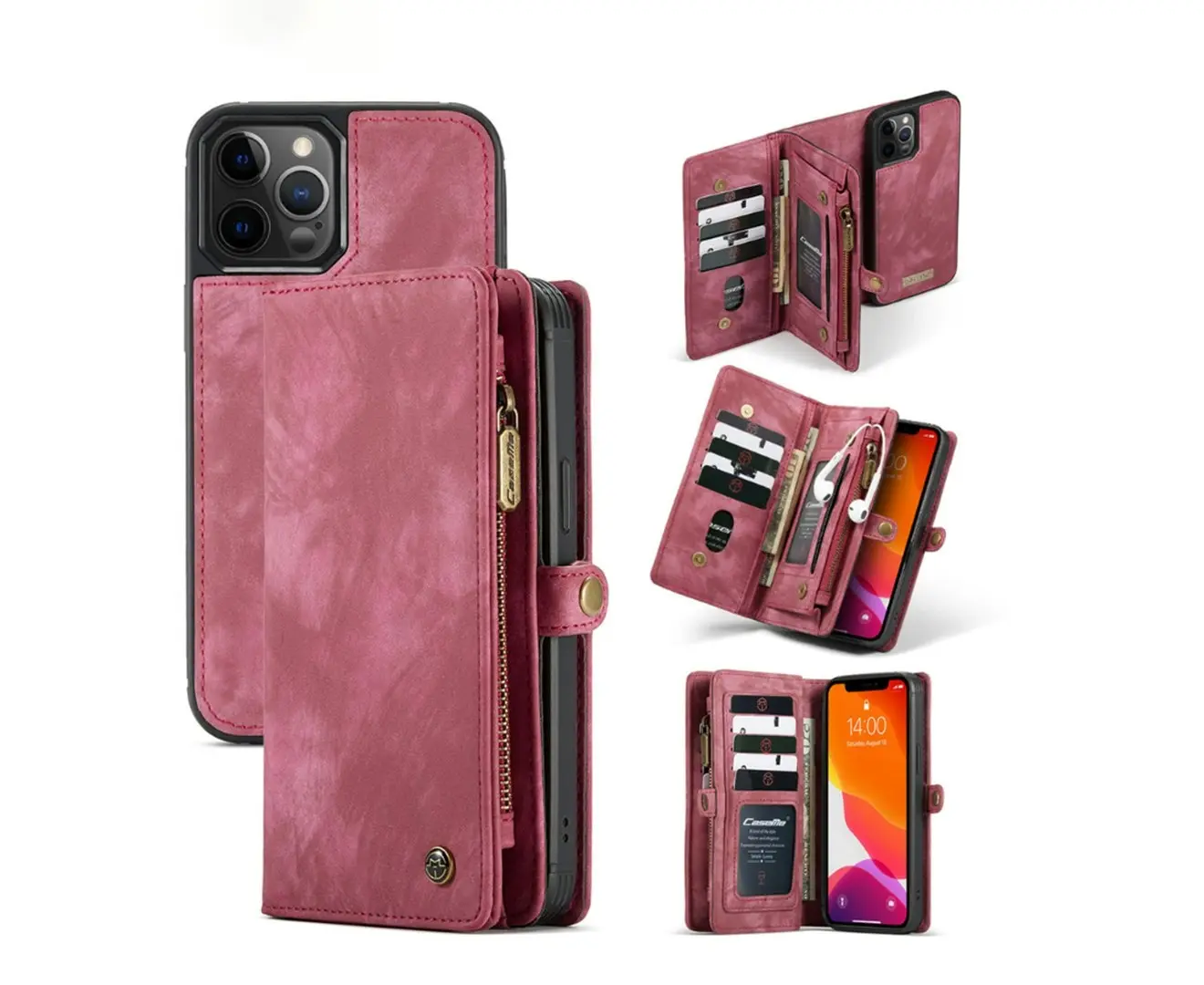 2 in 1 detachable leather zipper wallet case for iphone