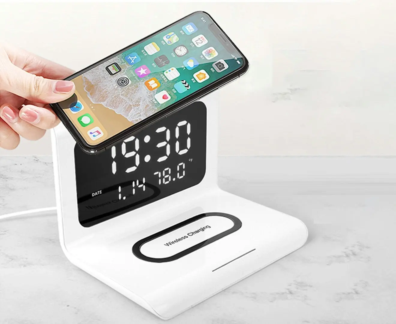 Three-in-One Wireless Charging Clock with Temperature