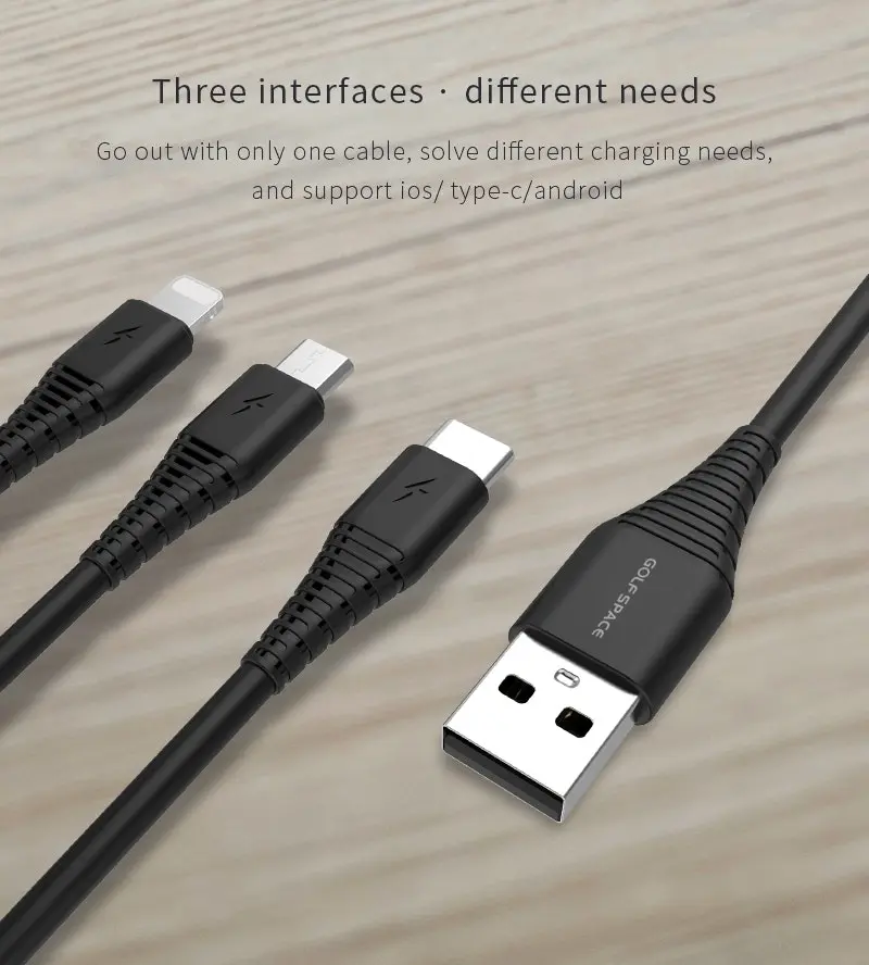 Golf Space SL07 Type-C/Micro USB/Lightning 3 in 1 3A USB Charging Cable Black