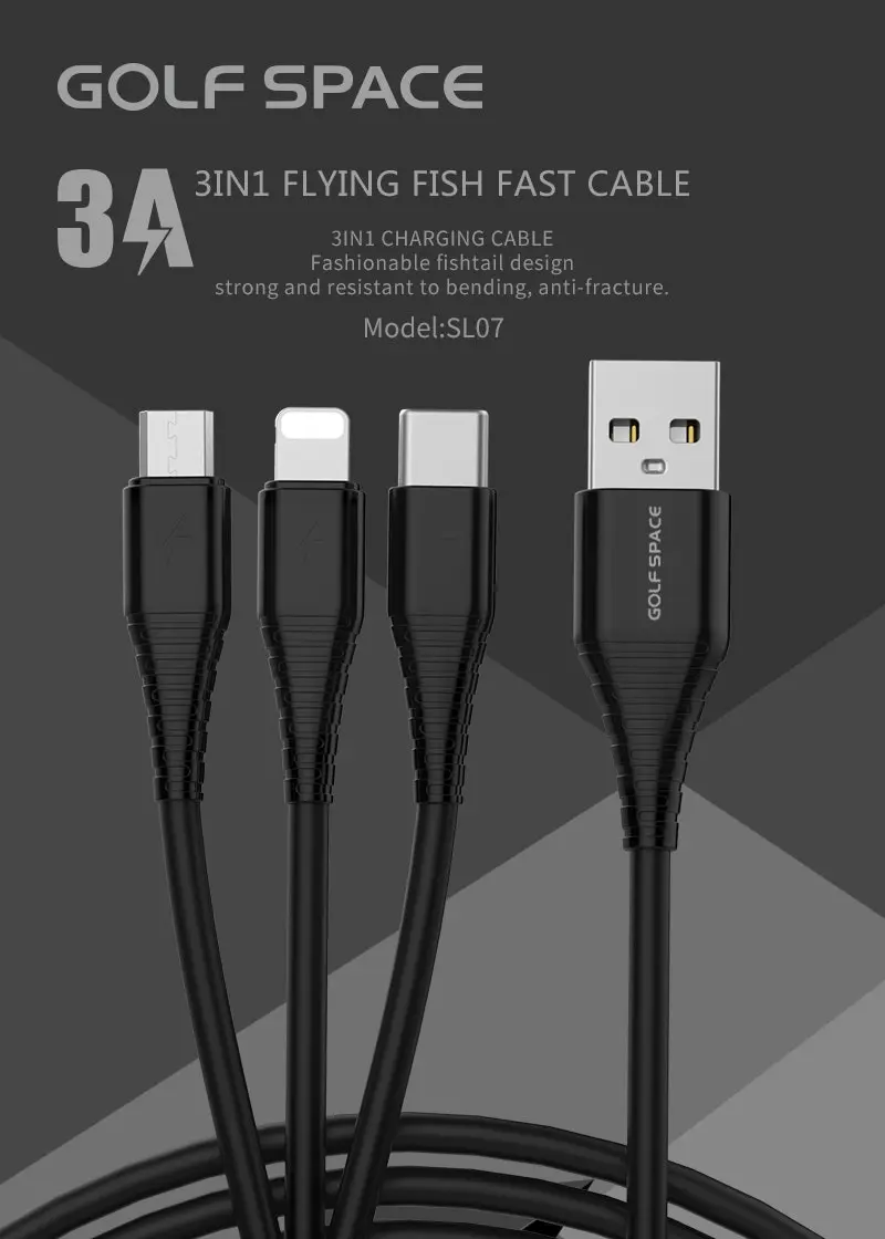 Golf Space SL07 Type-C/Micro USB/Lightning 3 in 1 3A USB Charging Cable Black