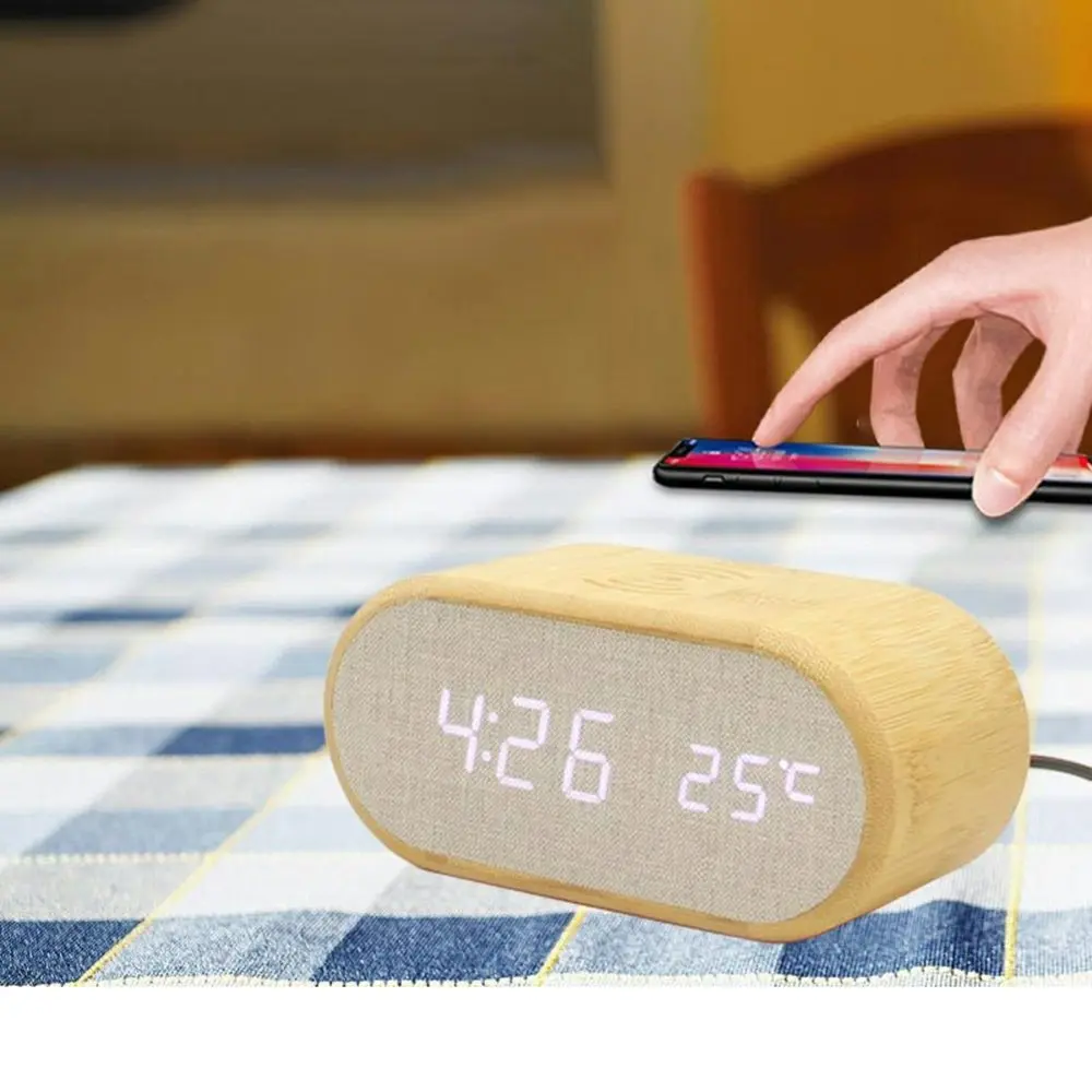 Multifunctional Wooden Alarm Clock with 10W Wireless Charging