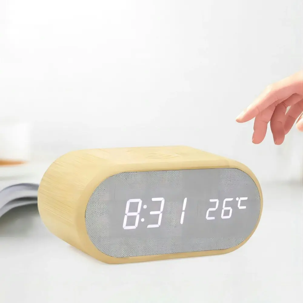 Multifunctional Wooden Alarm Clock with 10W Wireless Charging