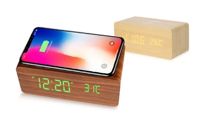 Wooden Alarm Clock with Wireless Charging Pad