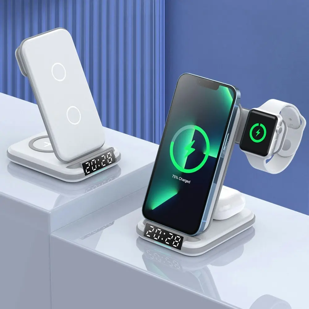 4 In 1 Wireless Charging Desktop With Clock  For iPhone AirPods iWatch