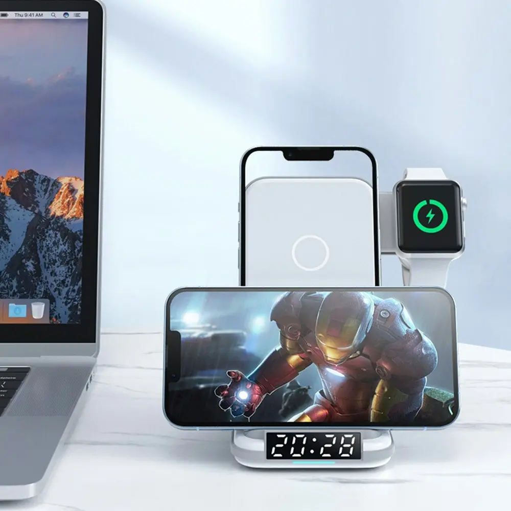 4 In 1 Wireless Charging Desktop With Clock  For iPhone AirPods iWatch