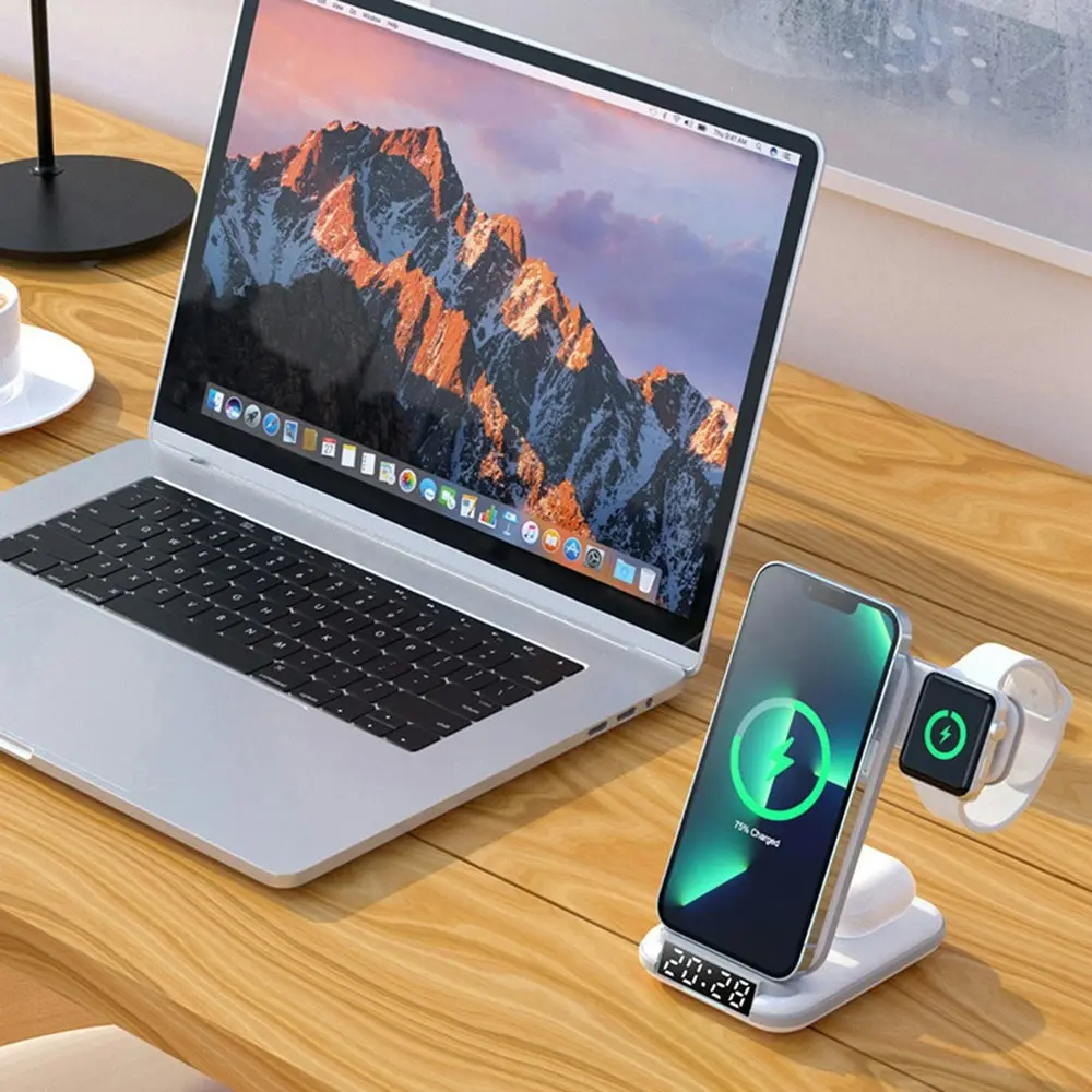 4 In 1 Wireless Charging Desktop With Clock  For iPhone AirPods iWatch