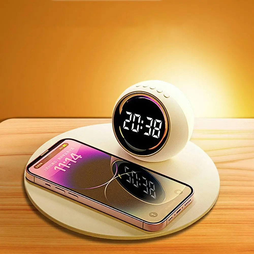 15W Fast Charger Wireless Charging Station With Digital Alarm Clock Led Night