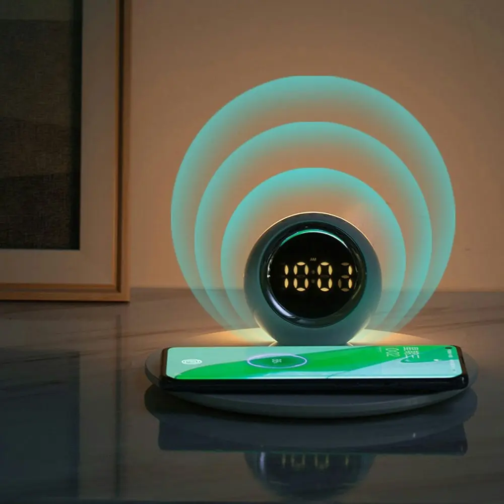 15W Fast Charger Wireless Charging Station With Digital Alarm Clock Led Night