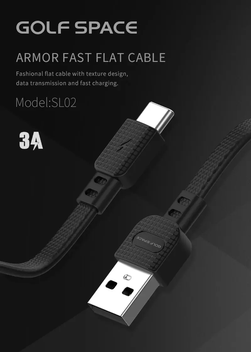 1 Meter 3A Flat Type-C Fast Charging Data Cable Golf Space SL02 Black