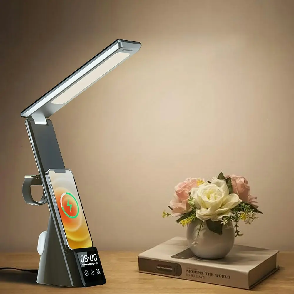 Multifunctional LED Desk Light Wireless Charger With Clock