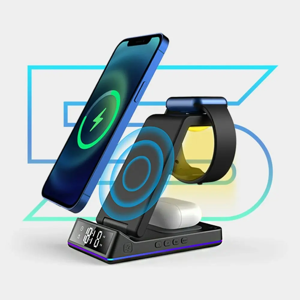 Multifunctional foldable vertical wireless charger desk clock