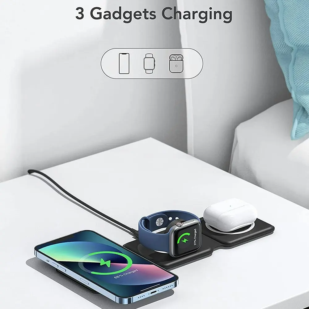 3 in 1 Wireless Charging Station Travel Charger for iPhone AirPods And iWatch