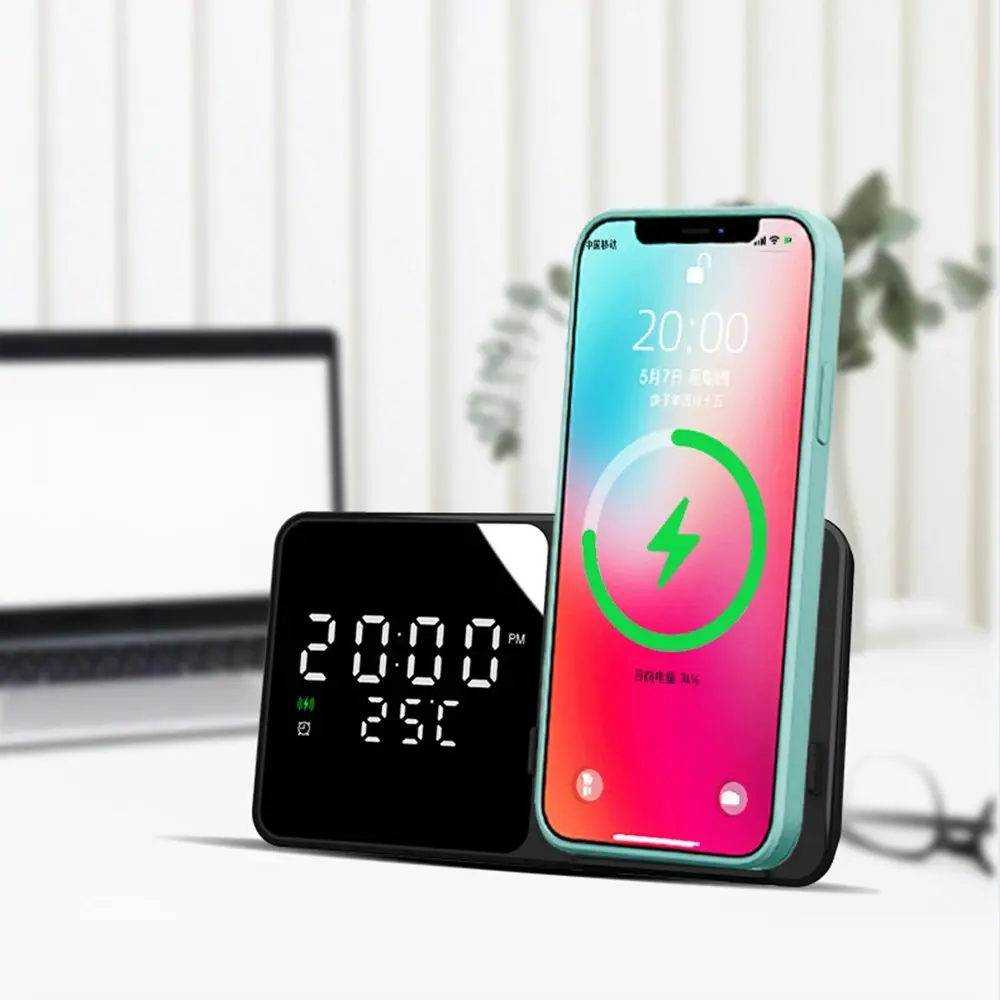 15W Wireless Charger Desktop LED Digital Alarm Clock Fast Charging Dock Station