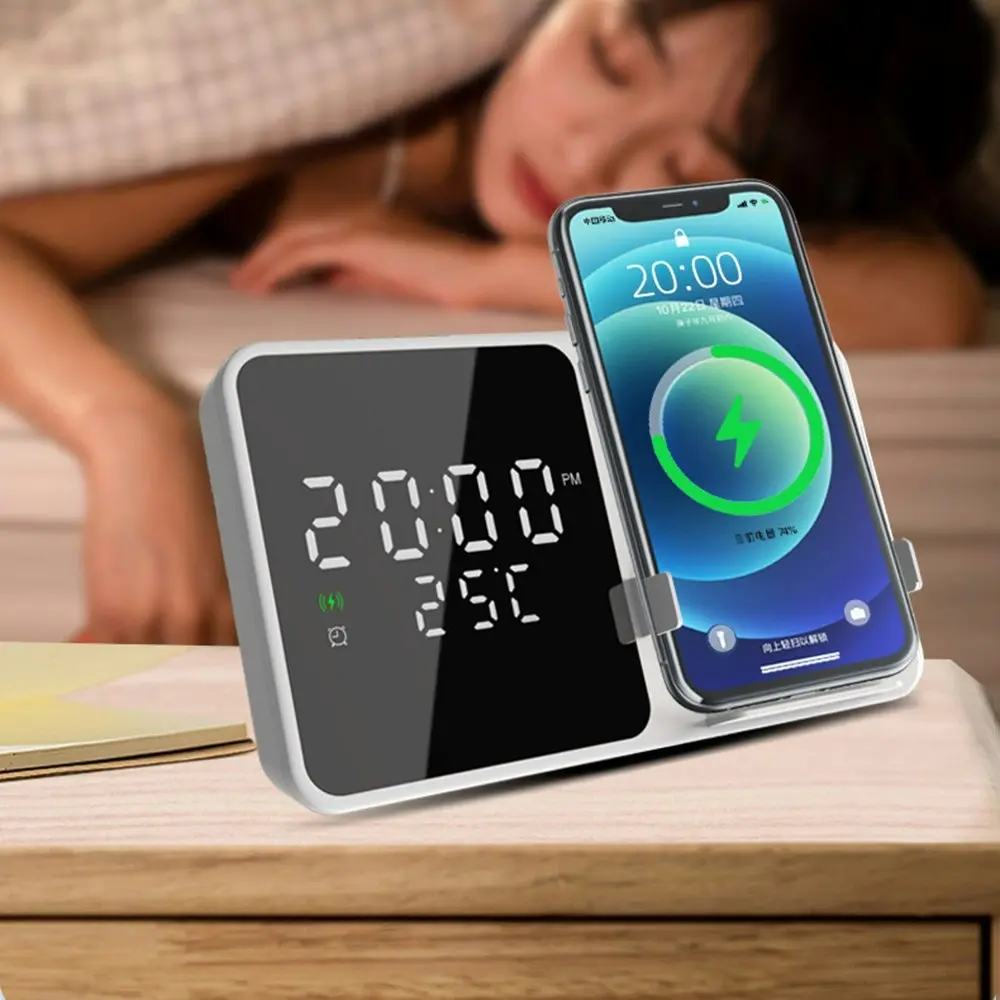 15W Wireless Charger Desktop LED Digital Alarm Clock Fast Charging Dock Station