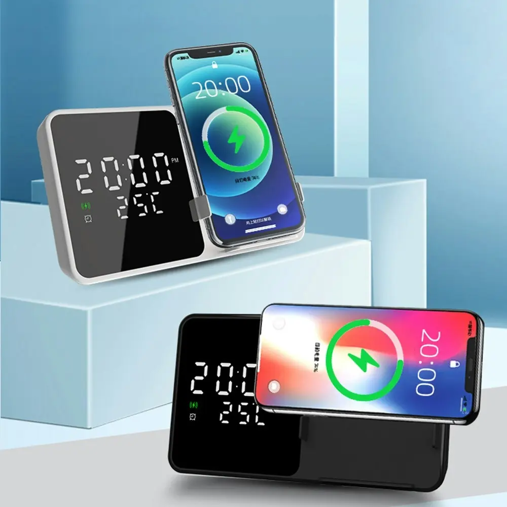 15W Wireless Charger Desktop LED Digital Alarm Clock Fast Charging Dock Station