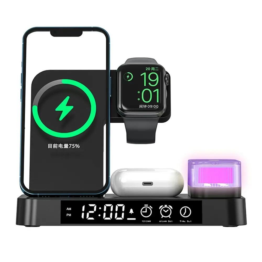 3-In-1 Foldable Wireless Charging With Magnetic Suction RGB Light Alarm Clock