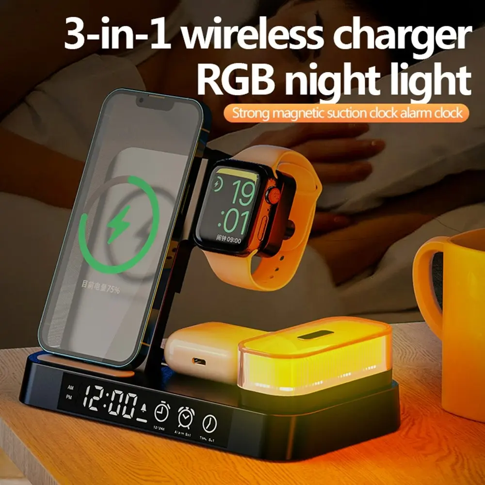 3-In-1 Foldable Wireless Charging With Magnetic Suction RGB Light Alarm Clock