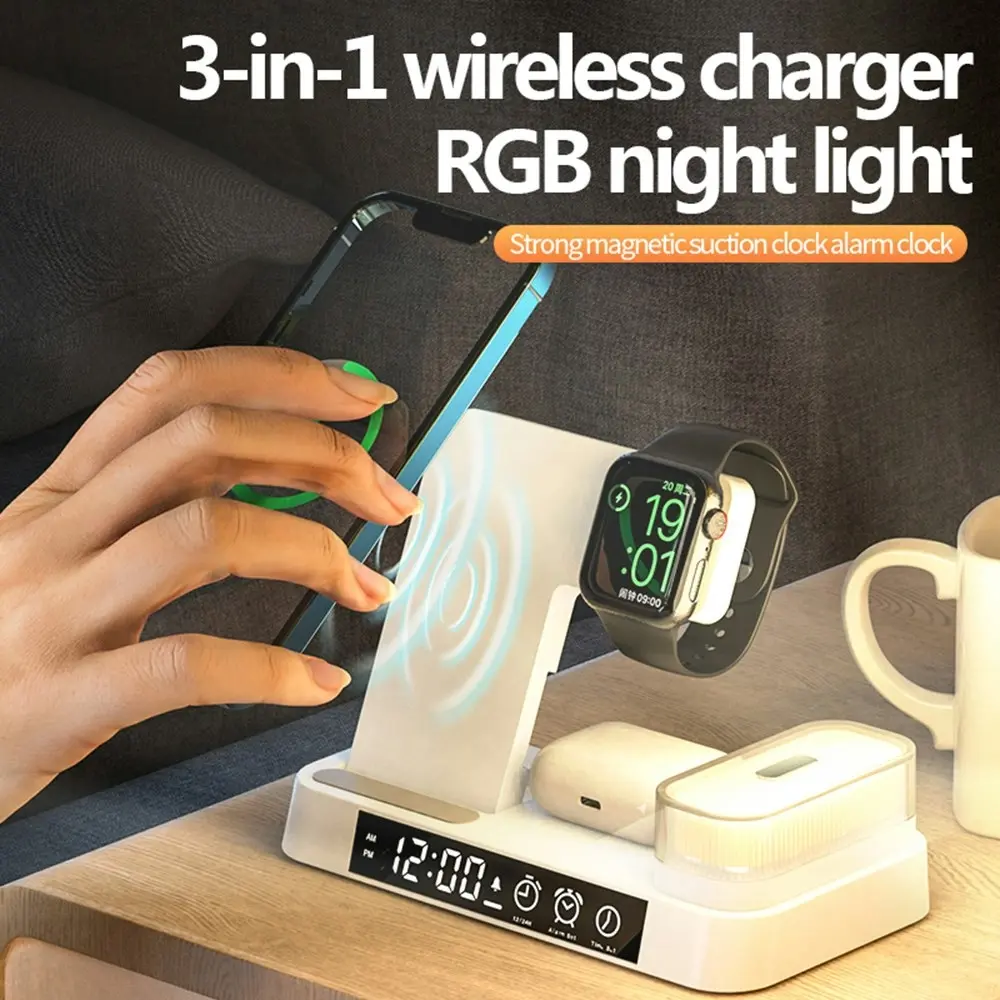 3-In-1 Foldable Wireless Charging With Magnetic Suction RGB Light Alarm Clock