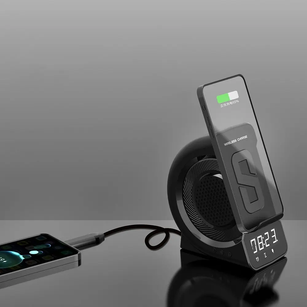 3 In 1 Wireless Charger Holder Bluetooth Speaker Music Player LED Alarm Clock