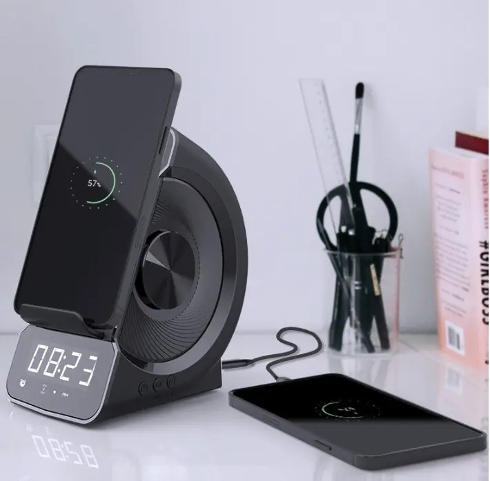 3 In 1 Wireless Charger Holder Bluetooth Speaker Music Player LED Alarm Clock