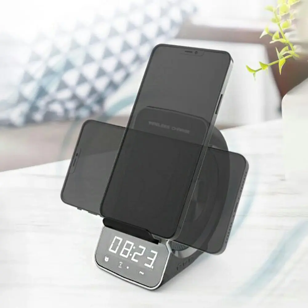 3 In 1 Wireless Charger Holder Bluetooth Speaker Music Player LED Alarm Clock