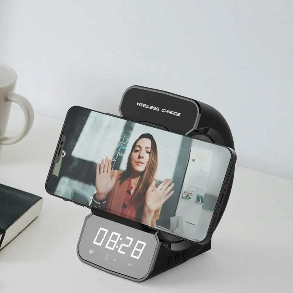 3 In 1 Wireless Charger Holder Bluetooth Speaker Music Player LED Alarm Clock