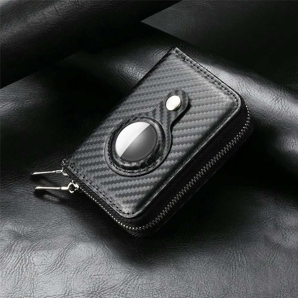 Apple Airtag Positioner Dual Zipper Wallet Carbon Fiber PU Leather RFID Card Bag