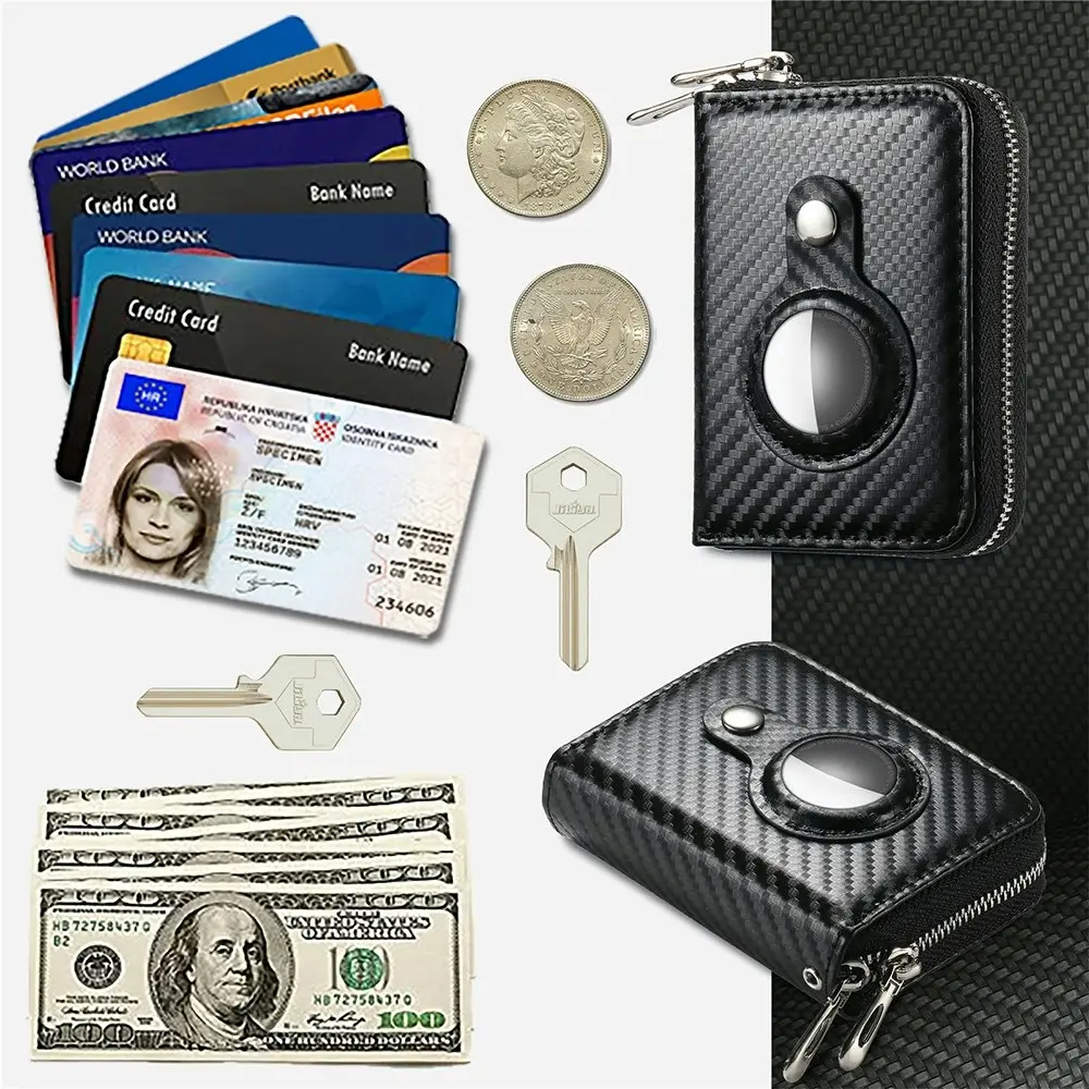 Apple Airtag Positioner Dual Zipper Wallet Carbon Fiber PU Leather RFID Card Bag