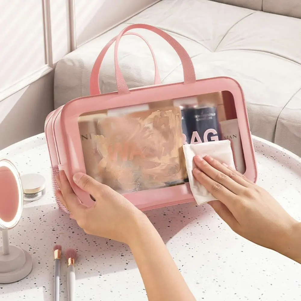 Double Layer Transparent Cosmetic Bag Waterproof Large Capacity Makeup Organizer-Pink