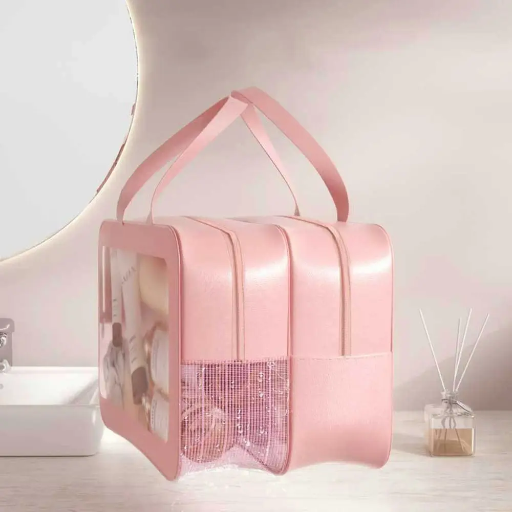 Double Layer Transparent Cosmetic Bag Waterproof Large Capacity Makeup Organizer-Pink