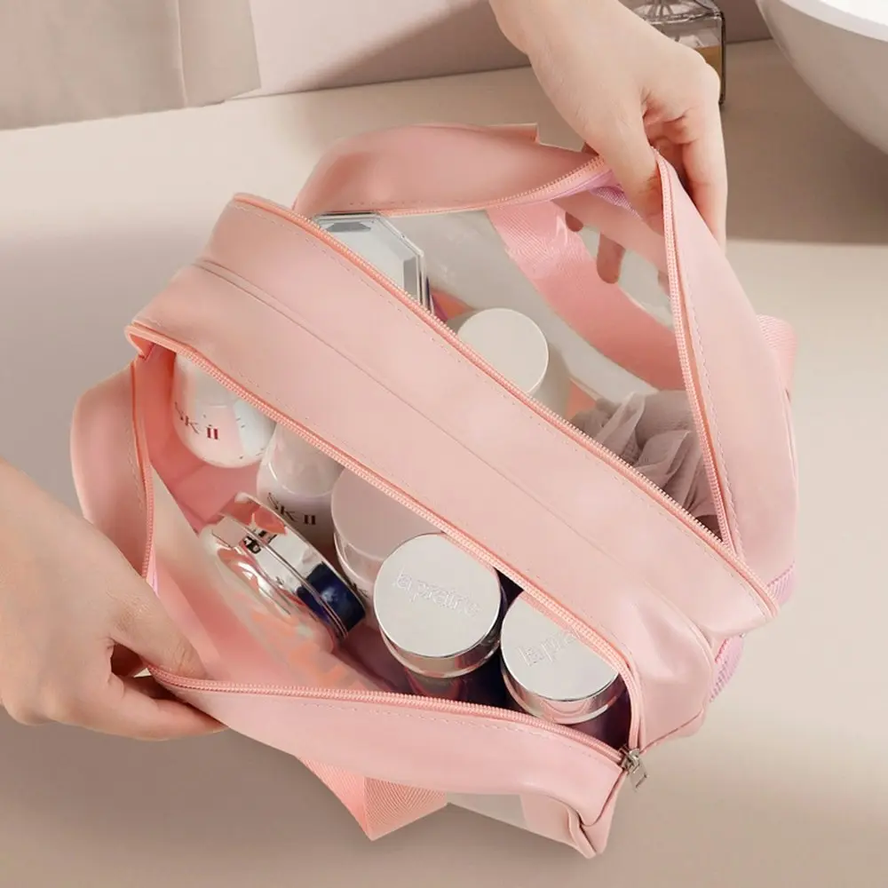 Double Layer Transparent Cosmetic Bag Waterproof Large Capacity Makeup Organizer-Pink