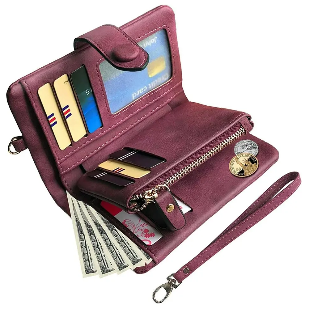 Women's Leather Wallet RFID Ladies Wristlet with Card Holder ID Coin Purse