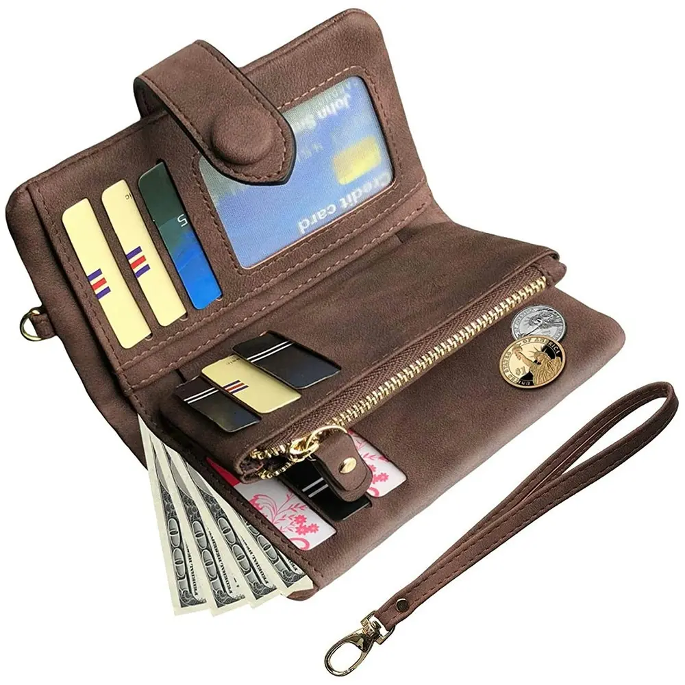 Women's Leather Wallet RFID Ladies Wristlet with Card Holder ID Coin Purse